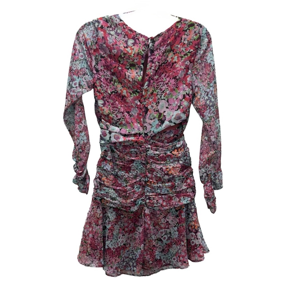 Zara Floral Print Pink Multicolor Long Sleeve Ruched Cut-Out Mini Dress (Small) - Picture 8 of 10